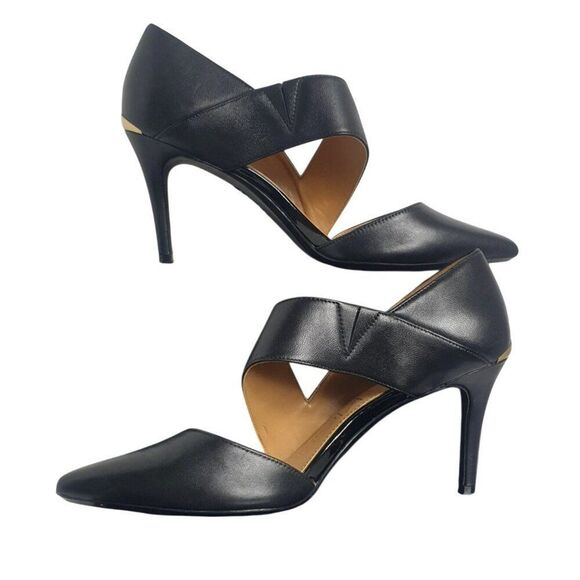 Calvin Klein Womens Pumps 7 Black Ginostra Leather Pointed-Toe Gold Accent  Heel - Picture 1 of 8